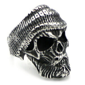 Gothic bearded skull ring right side profile showcasing realistic knit hat carving and facial bone structure details on pure white background