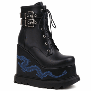 Black matte leather dragon embroidered goth platform wedge boots with blue embroidery and metal buckles, right three-quarter view