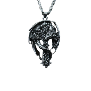 Dragon cross gothic pendant stainless steel necklace flat lay front view with Celtic knot detailing