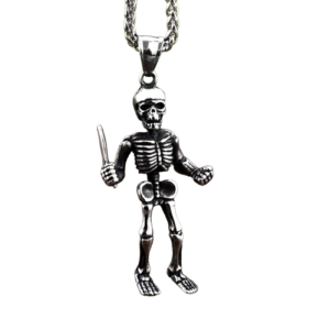 Skeleton biker knife pendant necklace front view with dual knives, antique silver stainless steel gothic jewelry