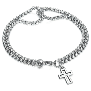 Silver titanium steel double chain cross pendant gothic bracelet flat lay overhead view with hollow cross charm detail on white background