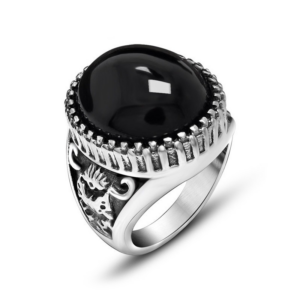 Black onyx gothic statement ring stainless steel unisex front view