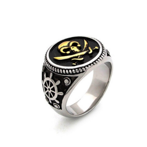 Gold Pirate Skull Ring with Jolly Roger Design - Two-Tone Gothic Signet Side View