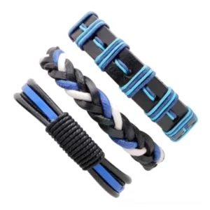 Three-piece gothic punk leather bracelet collection displayed flat, individual geometric designs visible