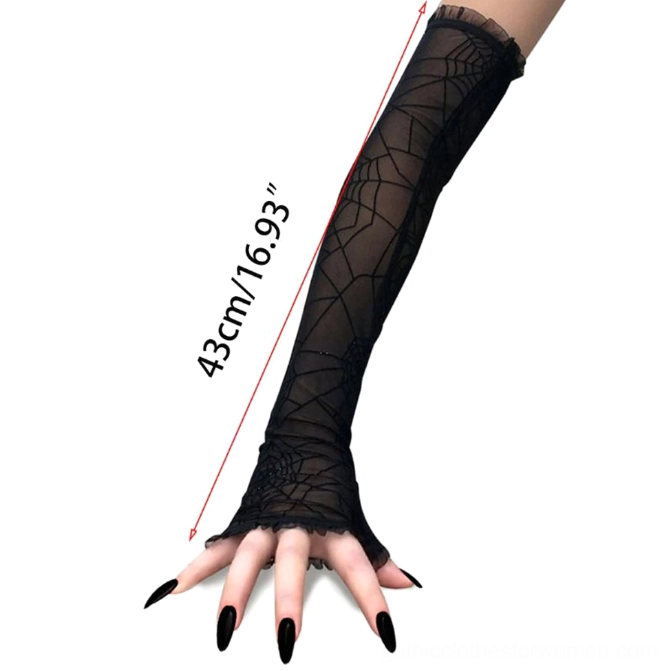 Long 43cm black fingerless mesh gloves with spider web pattern detail close-up on female model arm