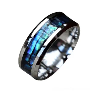 Unisex abalone statement ring angled side view displaying shifting iridescent colors and silver metal frame