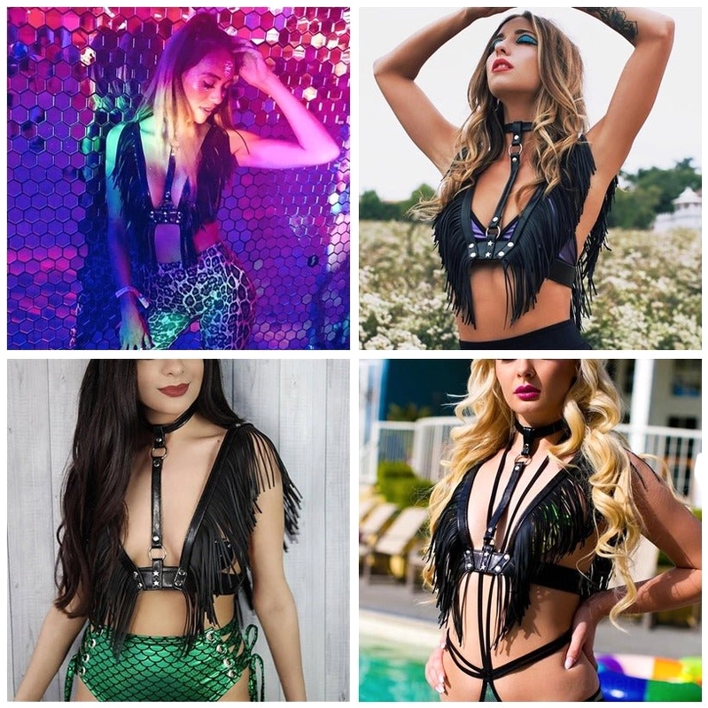 Black leather gothic chain harness crop top with adjustable straps, stainless steel hardware, and tassel fringe details for rave wear