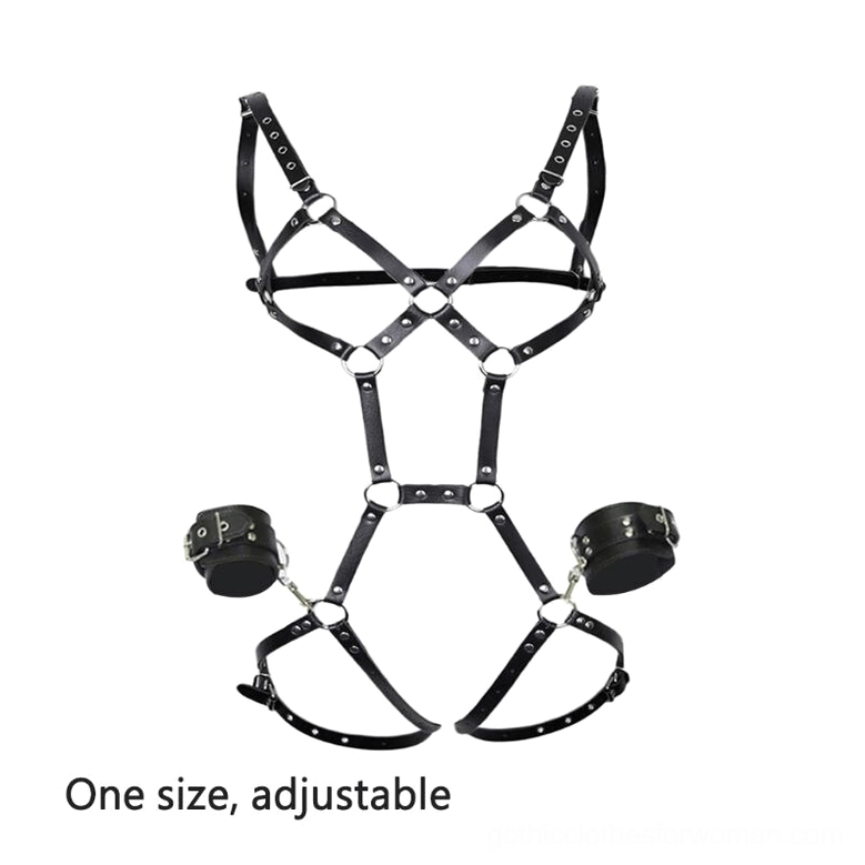 Adjustable leather body harness with handcuffs one size fits most display