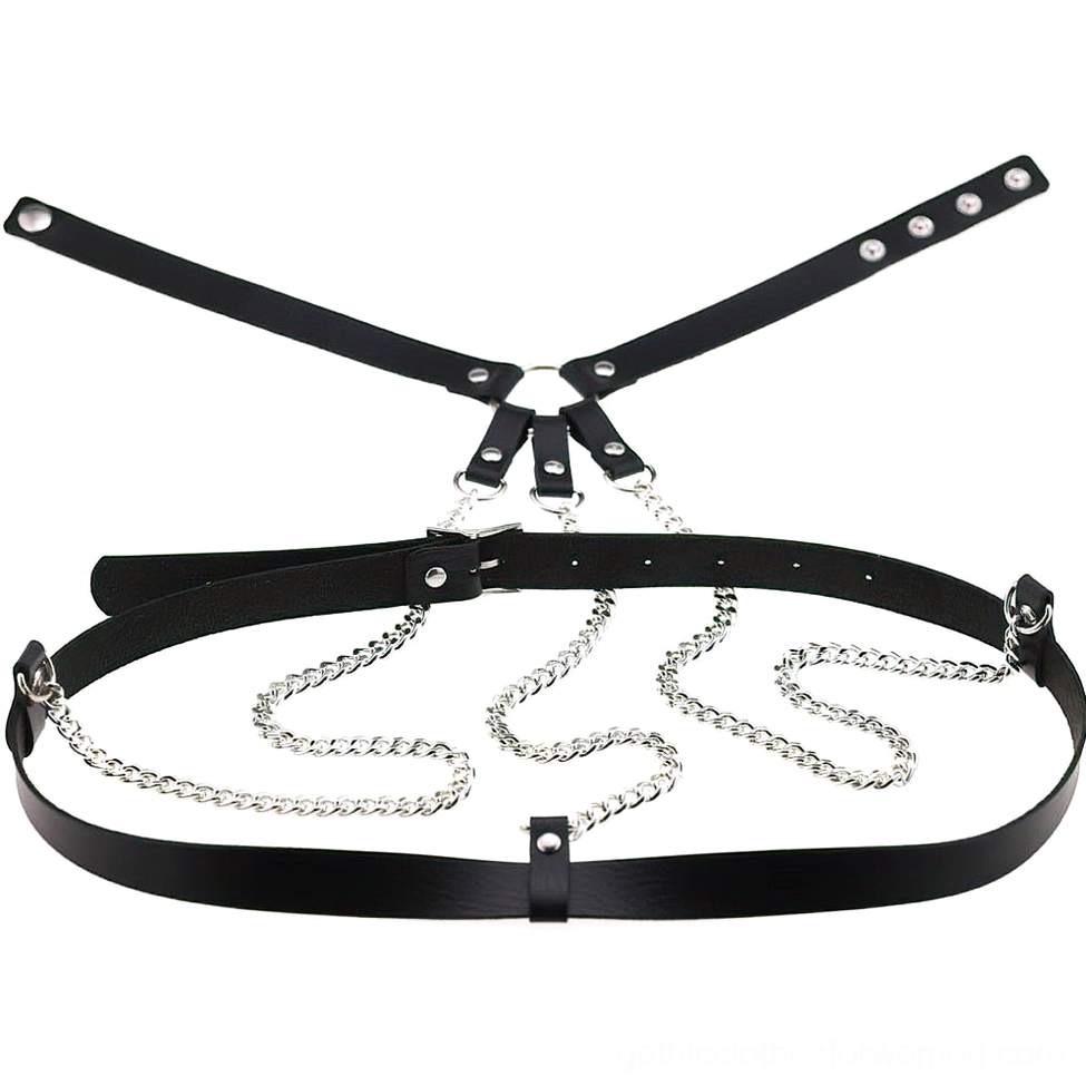Adjustable leather body harness with metal chains and O-ring choker design