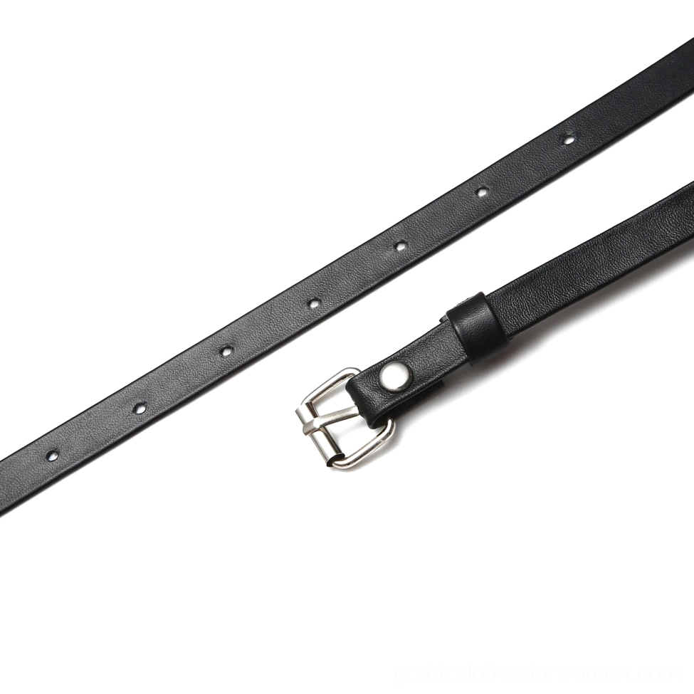 Adjustable leather belt strap with metal pin buckle and pre-drilled adjustment holes for gothic harness sizing