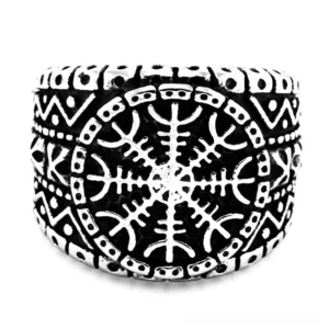 Front view of stainless steel Aegishjalmur ring displaying central engraved Norse Helm of Awe symbol on wide band with aged black-silver texture