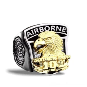 Airborne eagle gothic military stainless steel ring front view with embossed design