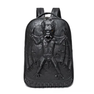 All-Black Gothic Waterproof Backpack with 3D Black Bat Decoration and Spiked Bottom Trim - Pure Gothic Minimalism
