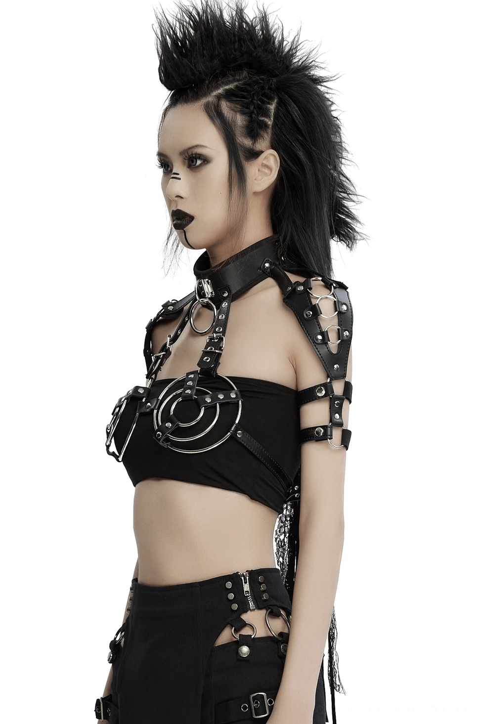 Side profile view of women's black leather harness showcasing multi-strap shoulder design and cutout details