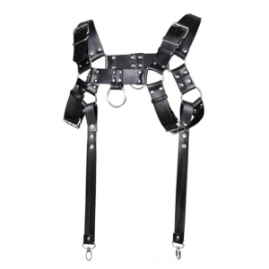 Adjustable leather chest harness with central O-ring and customizable length straps, gothic punk style