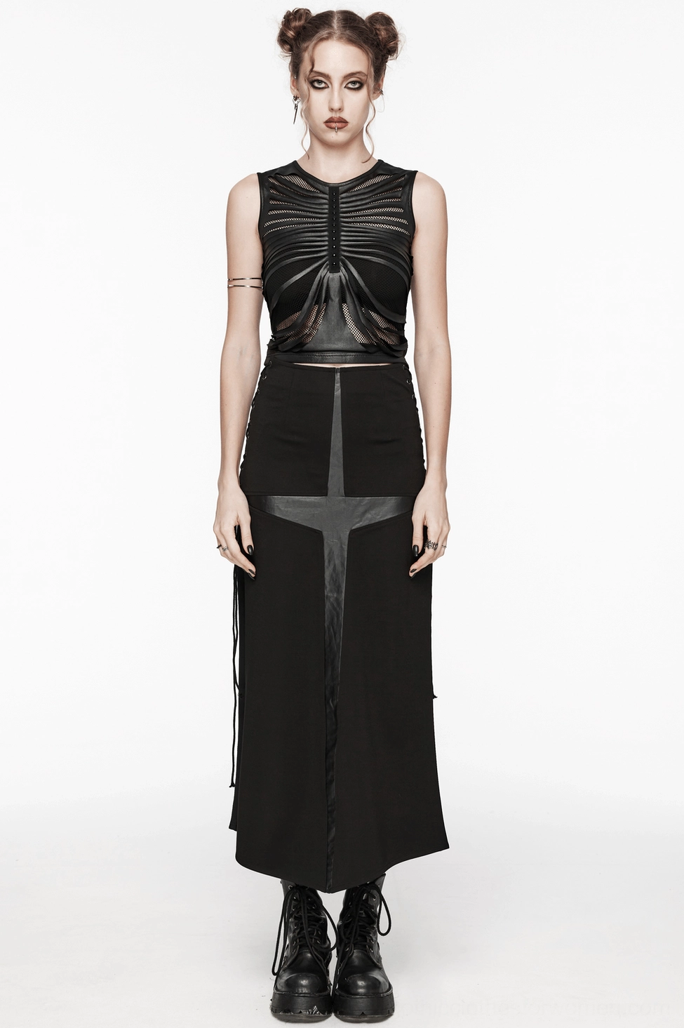 Alternative fashion black mesh crop top with gothic ribcage design and faux leather back