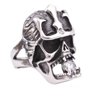 Anarchy skull gothic ring with crystal in mouth front view, stainless steel alternative jewelry
