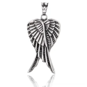 Angel Wings Pendant Close-up - Stainless Steel with Intricate Carved Feather Texture and Antique Silver Finish, Direct Front View