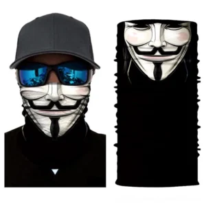 Guy Fawkes anonymous mask printed face gaiter worn by male model with baseball cap and blue reflective sunglasses, demonstrating gothic biker style and front wearing effect