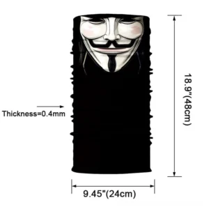 Seamless black neck gaiter with white Guy Fawkes anonymous mask print displayed flat and unfolded, showing rolled knit trim and full design pattern