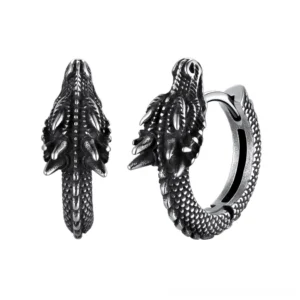 Antique silver dragon hoop earrings with aged patina, vintage gothic charm