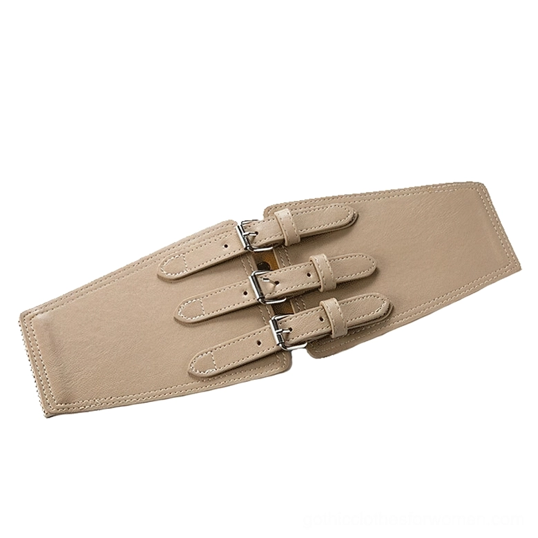 Apricot tan wide gothic corset belt with silver buckles, side flat lay view