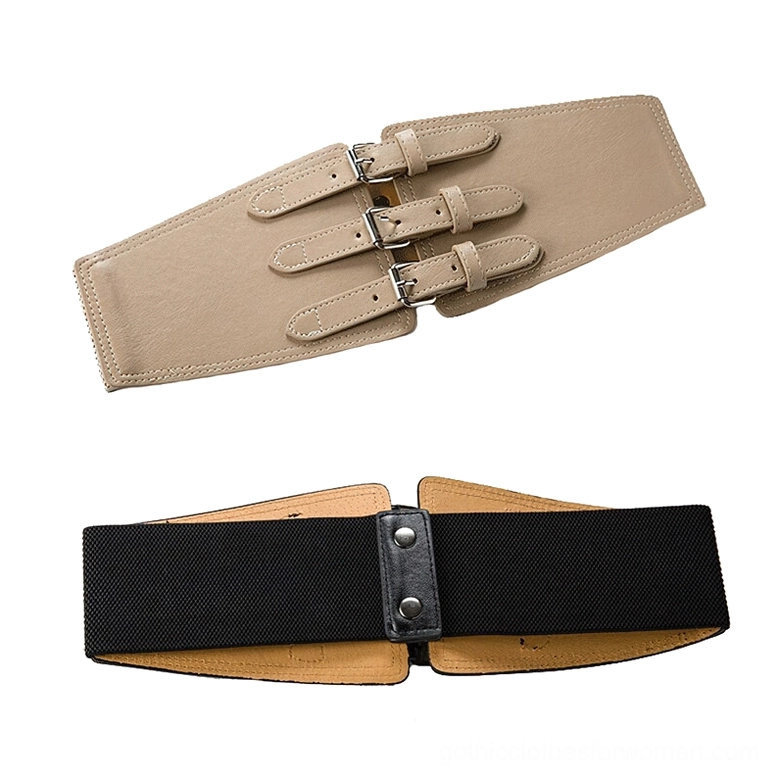 Tan apricot wide corset belt with triple silver buckles, structural side profile
