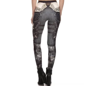 Black steel armor gothic leggings back view with waist armor accents and silver print details, styled with platform heel boots