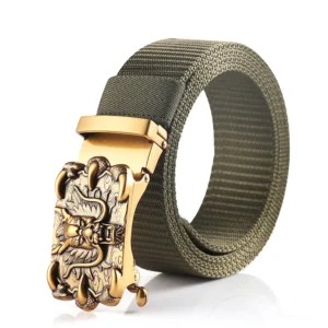 Army green nylon gothic belt with vintage bronze dragon embossed automatic buckle
