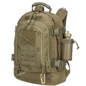 Army green 60 liter tactical backpack with attached water bottle holder and bungee cord, perfect for dark aesthetic adventurers