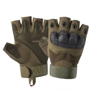 Army green tactical half-finger gloves front view with protective knuckle structure and mesh panels, combat sports gloves unisex