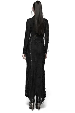 Black gothic maxi dress back view showing lace-up corset detailing and asymmetric hem