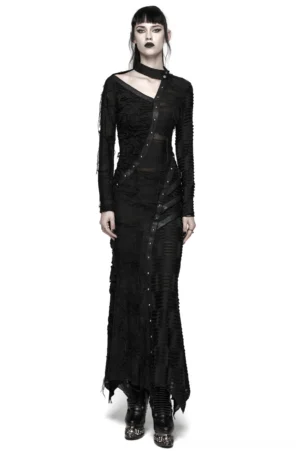 Black asymmetric gothic maxi dress front view with distressed knit and leather accents worn by model