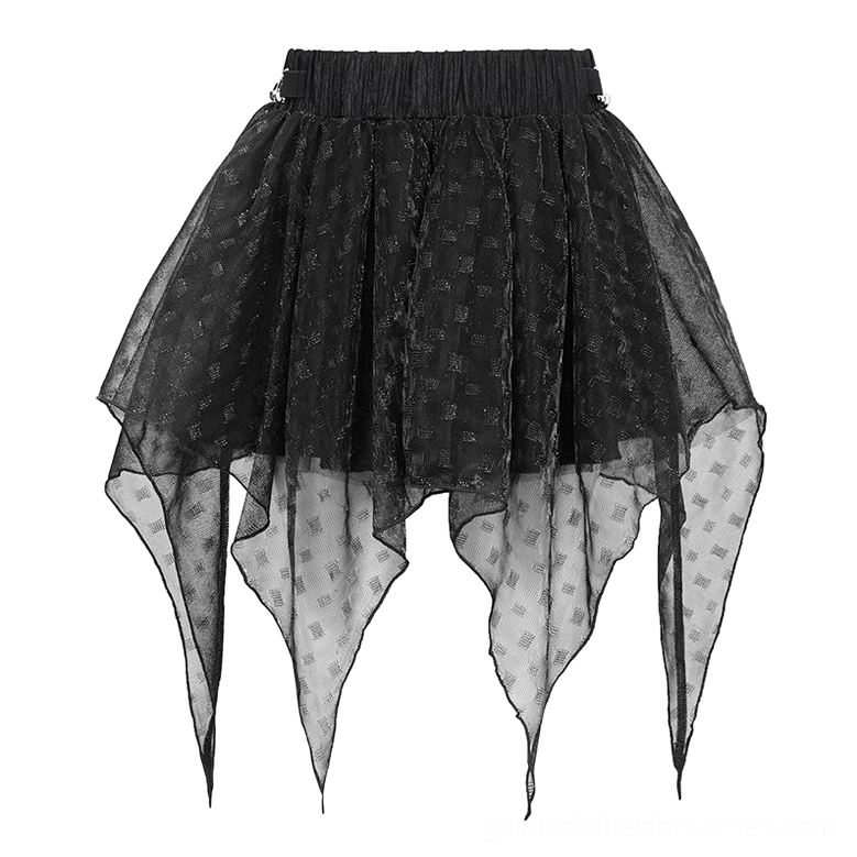 Front flat lay of black dotted mesh gothic skirt with multi-point asymmetric hem and textured polka dot fabric