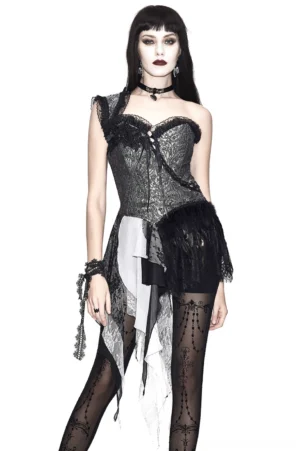 Asymmetrical one-shoulder gothic corset with paisley pattern front view on model, irregular tattered hem, black lace-up back