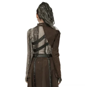Asymmetrical gothic jacket back view showing exposed back design with dual black strap belts and high collar