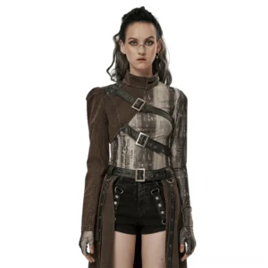 Asymmetrical gothic faux leather jacket front full view on model, single brown sleeve with black buckle straps and adjustable stand collar