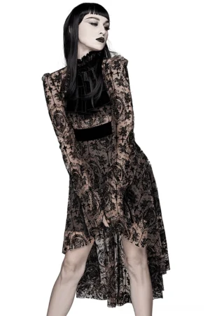 Women's asymmetrical lace gothic dress with velvet trim, front three-quarter view on model
