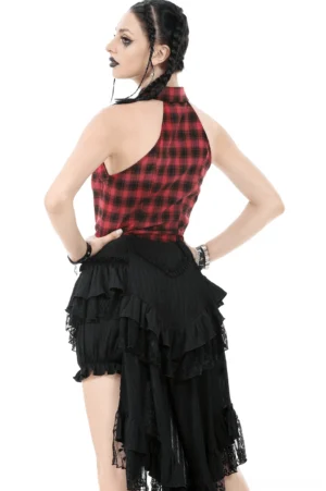 Asymmetrical gothic ruffle shorts with extended tail hem and sheer lace panels back view