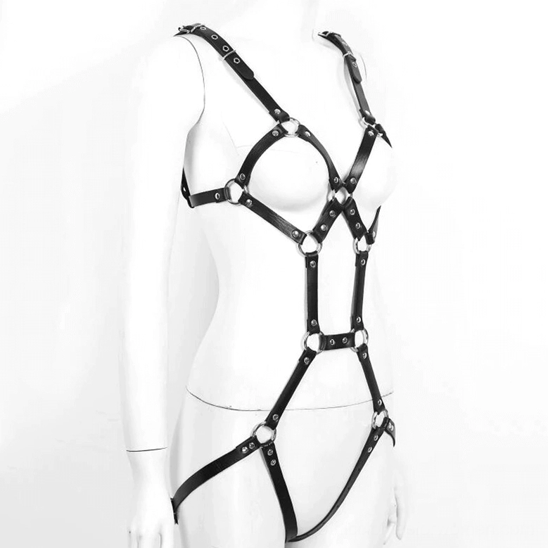 Asymmetrical leather body harness with one-side thigh restraint strap side view