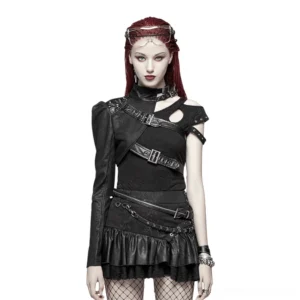 Asymmetrical one-shoulder black faux leather gothic jacket with metal buckles - front full-body view on model