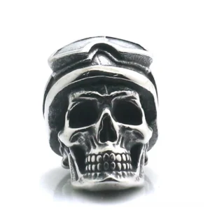 Stainless steel skull pendant with pilot's glasses - front-facing gothic necklace design detail