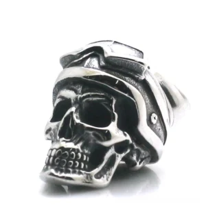 Aviator skull stainless steel gothic pendant necklace - left three-quarter view showing detailed pilot's goggles and antique silver finish