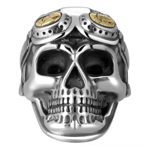 925 sterling silver aviator skull gothic ring front flat lay view showing detailed skull design with pilot goggles and darkened silver finish