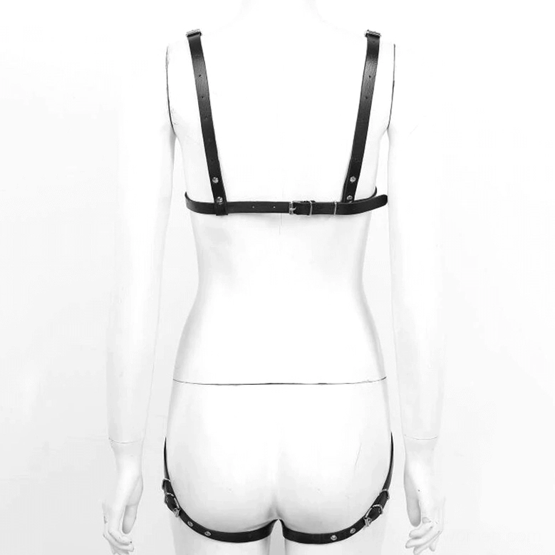 Backless black leather garter harness with low back waist and thigh straps rear view