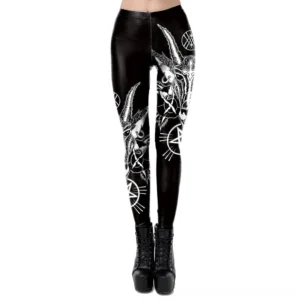 Black Baphomet gothic leggings front view with 3D occult pentagram print on both legs, mid-rise waistband, ankle-length slim fit