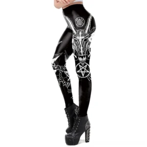 Baphomet occult leggings side profile showing pentagram and goat head print details, worn with studded platform boots and dark alternative styling