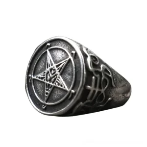 Black Baphomet pentagram stainless steel gothic ring front view with intricate knotwork shank detail