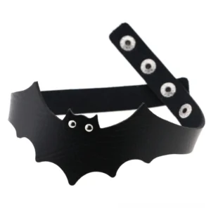 Bat wing choker side angle showing adjustable strap with metal snap closures for gothic neck jewelry