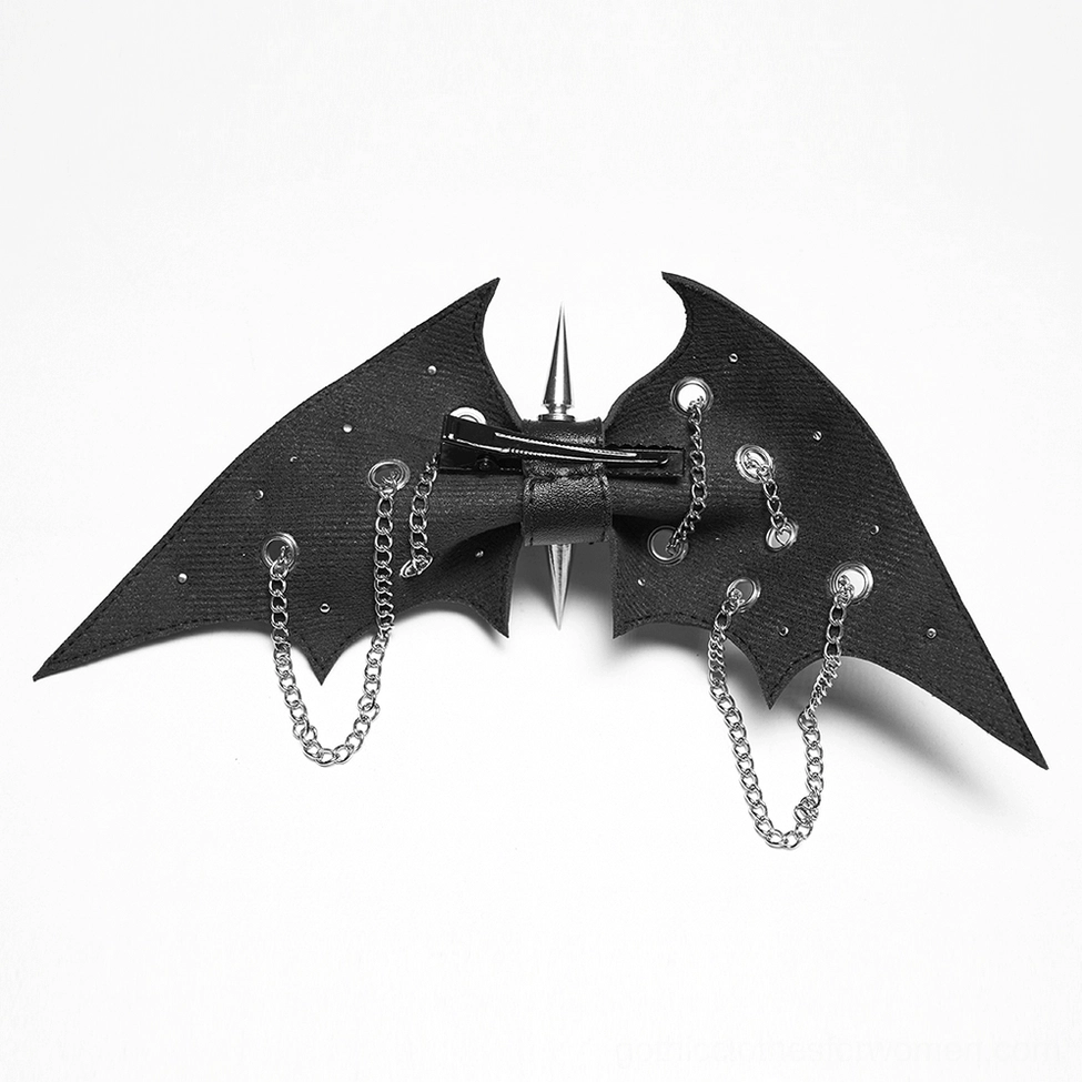 Side view of punk gothic bat wing hair clip showing secure clip fastener and metal chains